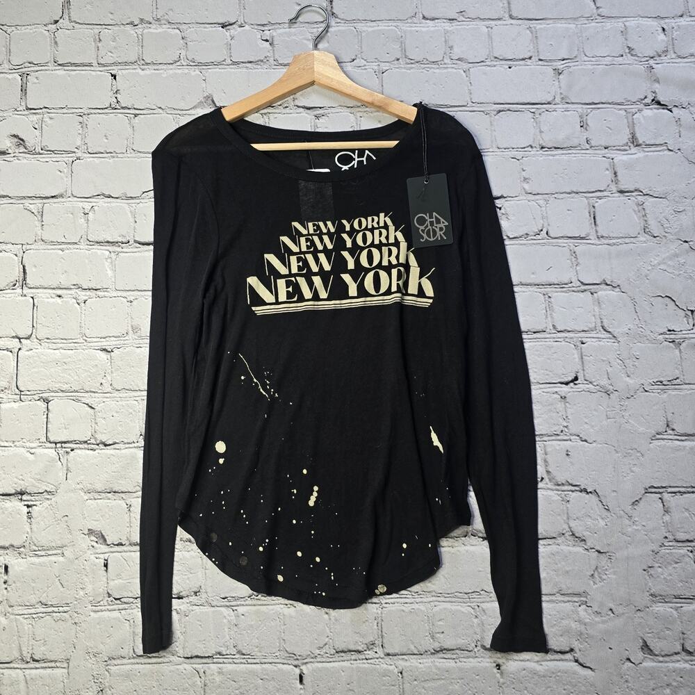 Chaser New York Black Splattered Paint Long Sleeve Graphic Print Tshirt New Sz S